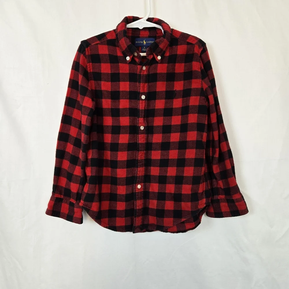 Ralph Lauren‎ Boys Red Black Checkered Long Sleeve Preppy Button Down Shirt Sz 6